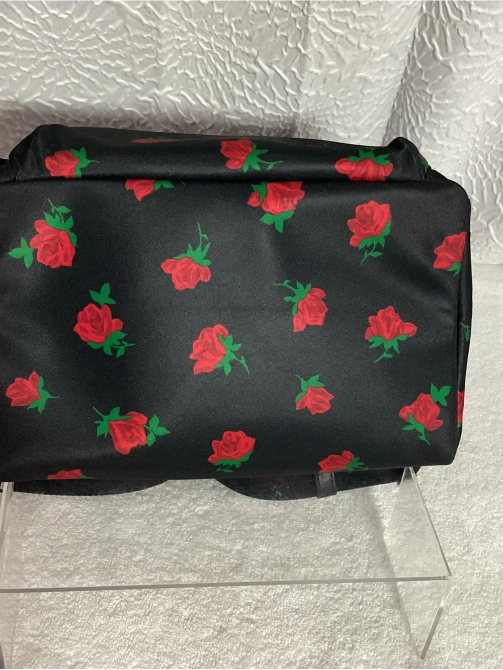Kate Spade Chelsea Medium Rose Toss Print Black Nylon Leather Backpack Bag